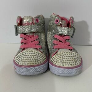 Skechers Twinkle Toes Silver and Pink Toddler High Top Shoes | Toddler Size 2
